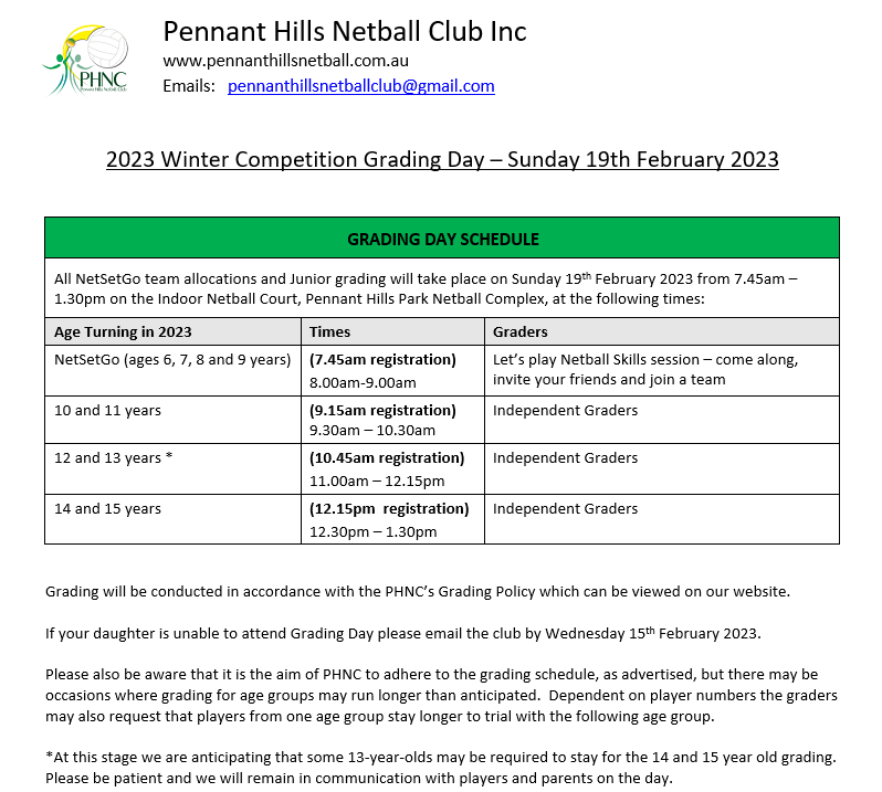 PHNC Grading Day Schedule